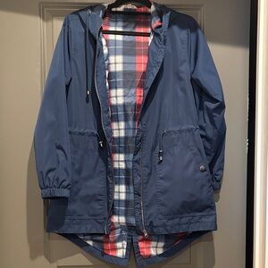 Time and Tru Navy Plaid Hooded Rain Jacket